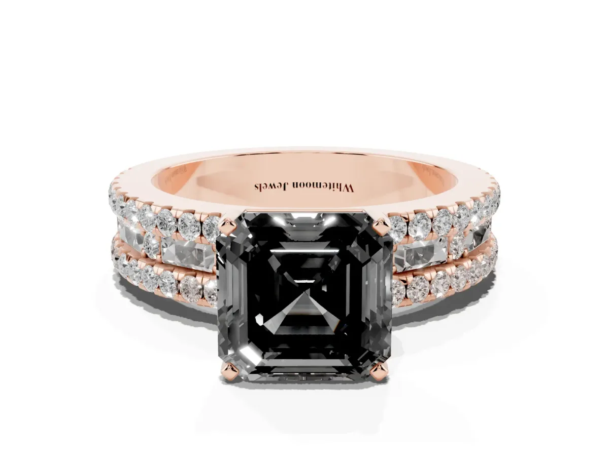 Fancy Black Asscher Cut Diamond Solitaire Ring with Pavé and Channel Set Band Rose gold