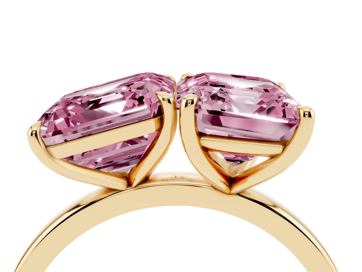 Fancy Pink Asscher Cut and Emerald Cut Toi Moi Ring with Prong Setting Yellow gold