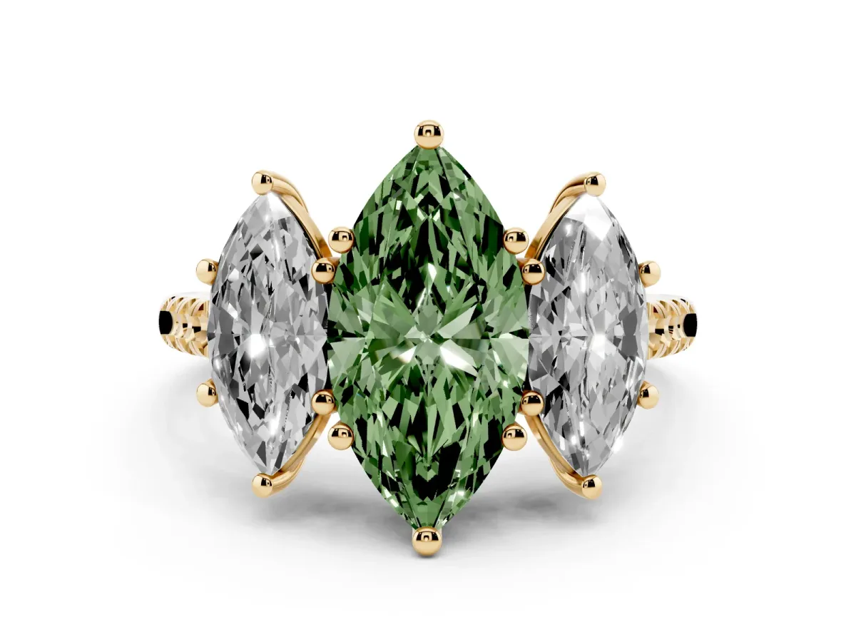 Fancy Green Three-Stone Marquise Cut Diamond Ring with Round Pavé Band and Prong Setting Yellow gold