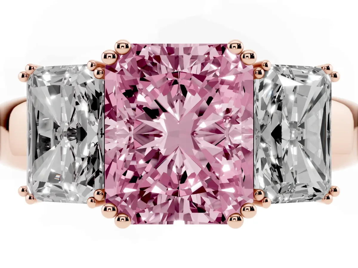 Fancy Pink Three-Stone Radiant Cut Cut Diamond Ring with Channel Set Band and Four-Prong Setting Rose gold