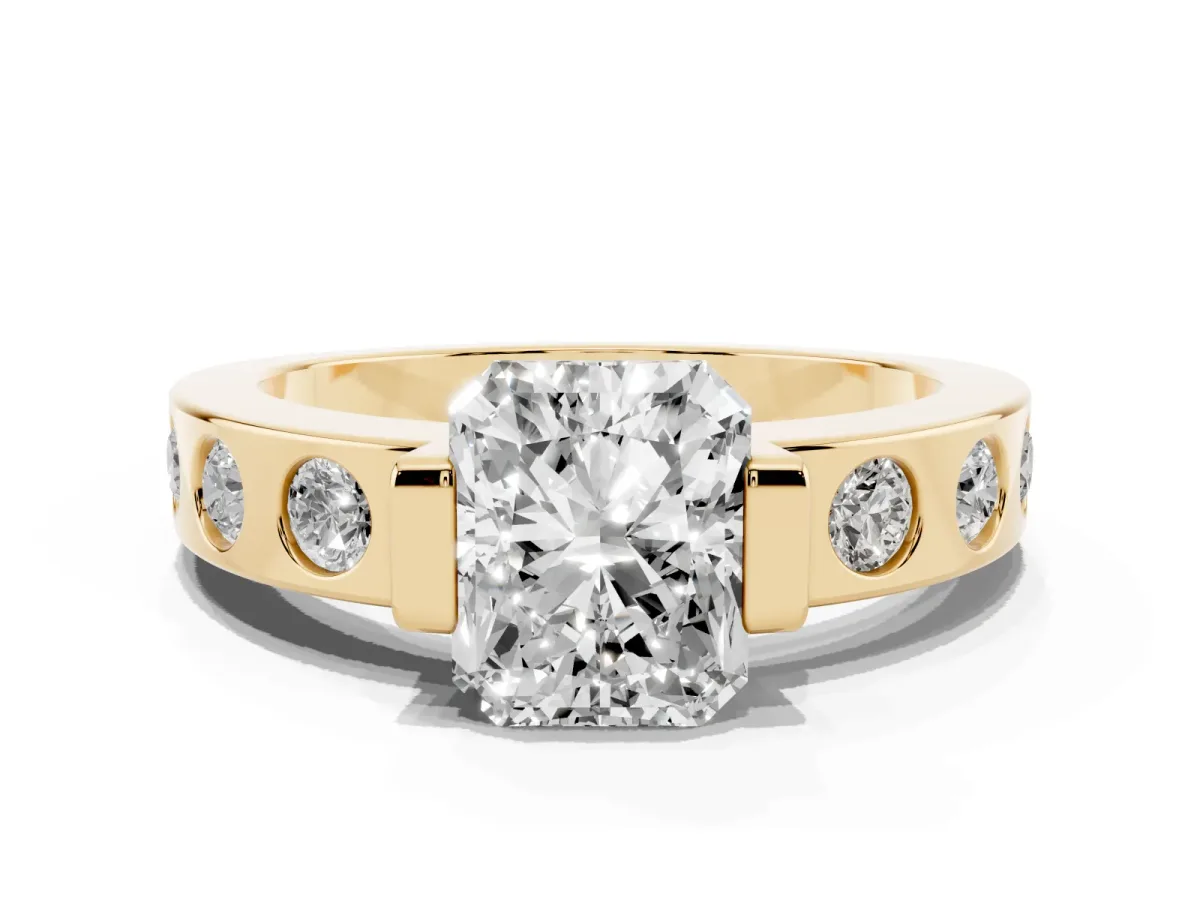 Radiant Cut Brilliant Channel-Set Diamond Ring with Bezel Prong Setting Yellow gold