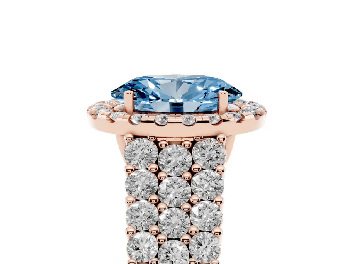 Fancy Blue Oval Cut Diamond Halo Engagement Ring with Triple Row Round Pavé Band and Prong Setting Rose gold