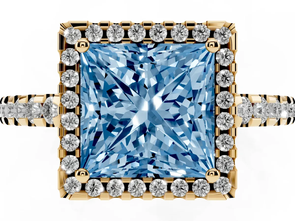 Fancy Blue Princess Cut Diamond Halo Engagement Ring with Pavé Band and Prong Setting Yellow gold