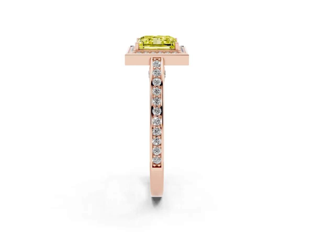 Fancy Yellow Princess Cut Cut Halo Pave Split Shank Prong Setting Ring Rose gold