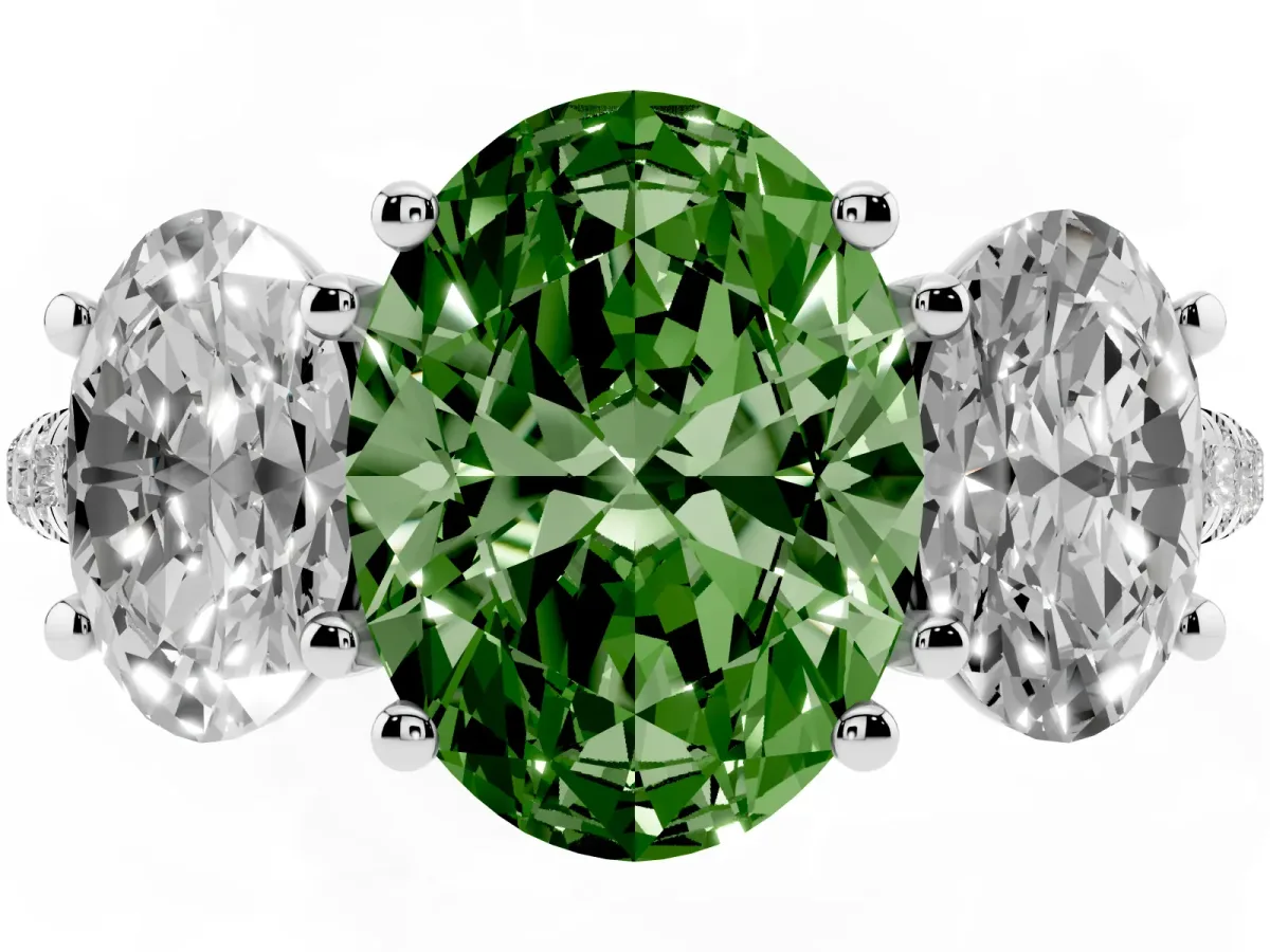 Fancy Green Three-Stone Oval Cut Diamond Ring with Round Pavé Band and Prong Setting Silver