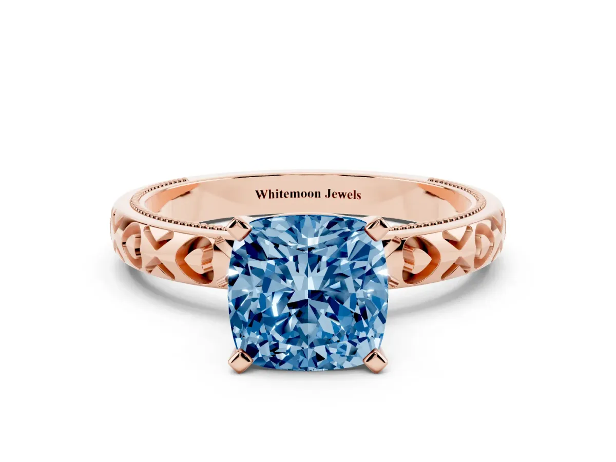 Fancy Blue Cushion Cut Solitaire Diamond Engagement Ring with XO Engraved Band and Four-Prong Setting Rose gold