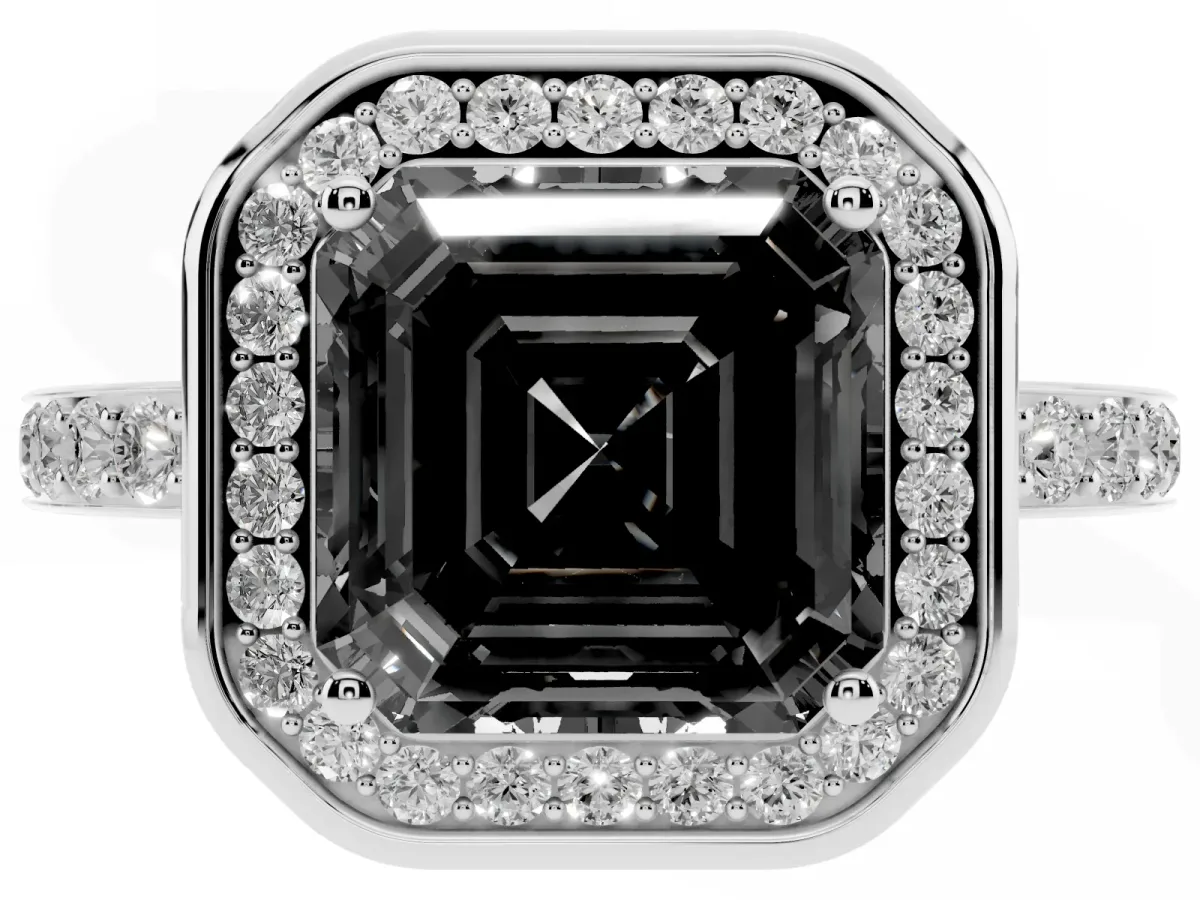 Fancy Black Asscher Cut Diamond Halo Ring with Bezel Frame and Pavé Band Silver