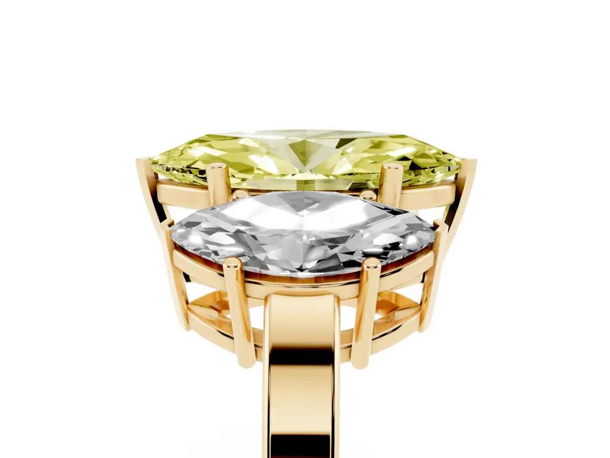 Fancy Yellow Three-Stone Marquise Cut Cut Diamond Engagement Ring with Flat Band and Four-Prong Setting Yellow gold