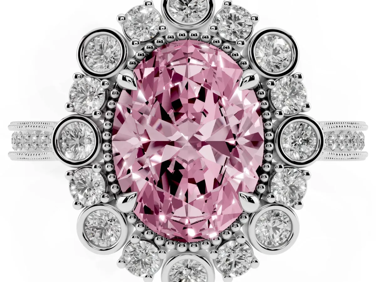 Fancy Pink Oval Cut Halo Milgrain Pave Diamond Ring with Four-Prong Setting Silver