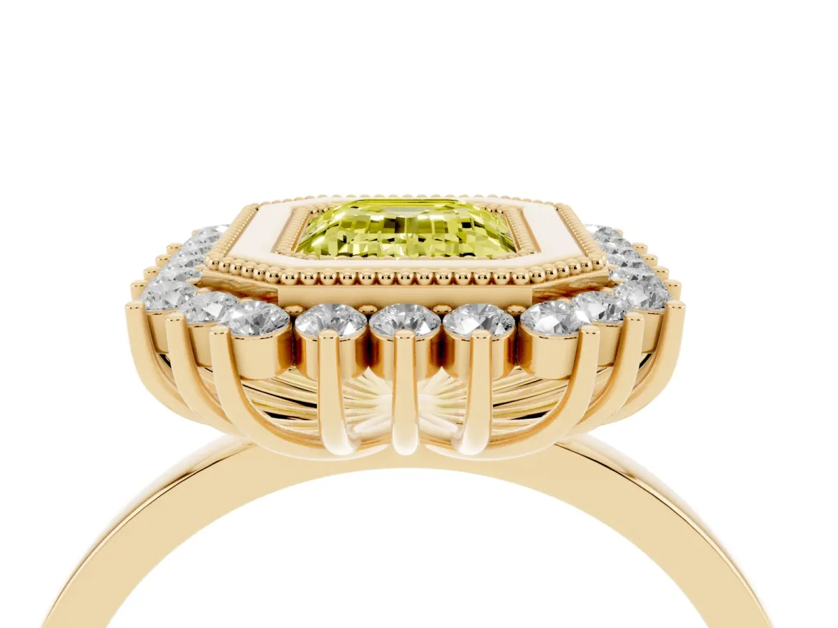 Fancy Yellow Emerald Cut Halo Diamond Ring with Milgrain Edge and Round Prong Setting Yellow gold