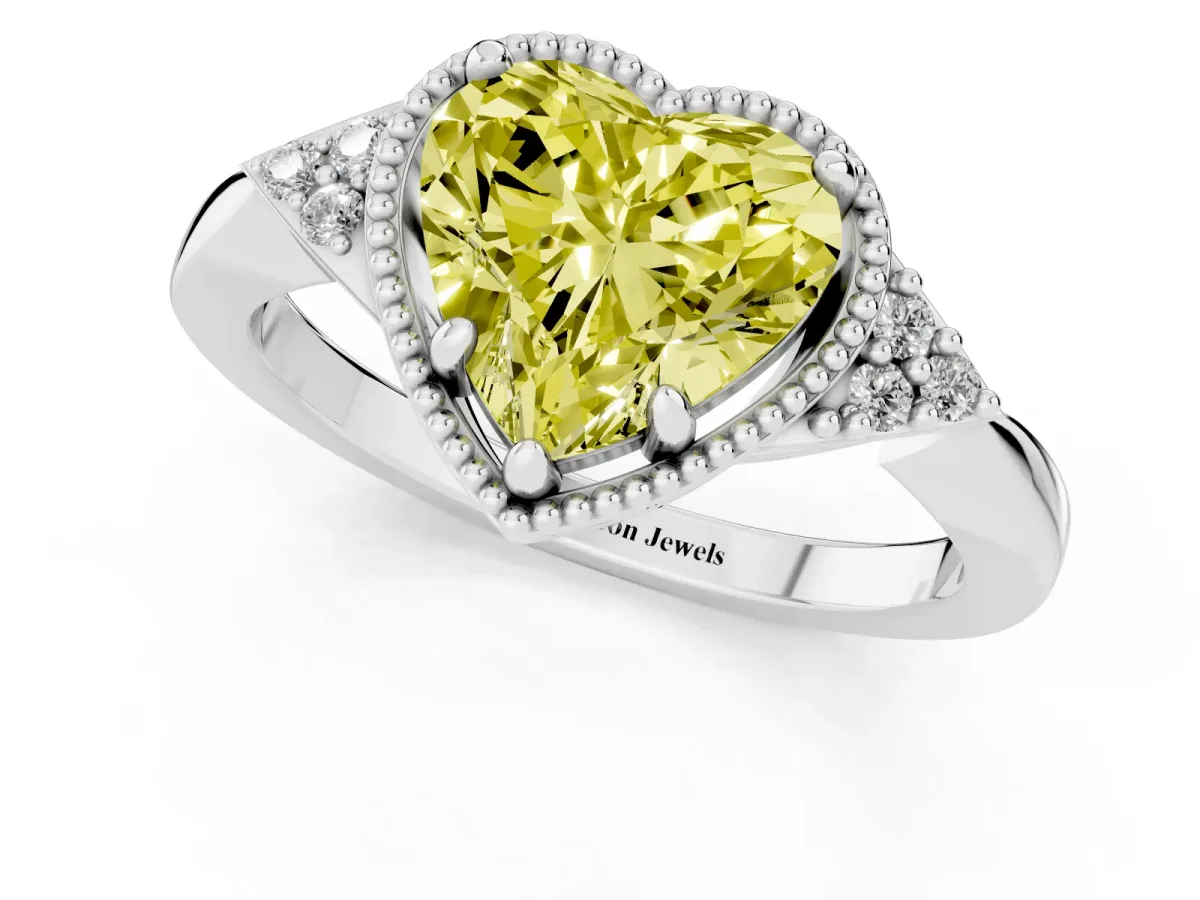 Fancy Yellow Milgrain Heart Cut Cut Diamond Ring with Tapered Pave Band and Four Prong Setting Silver