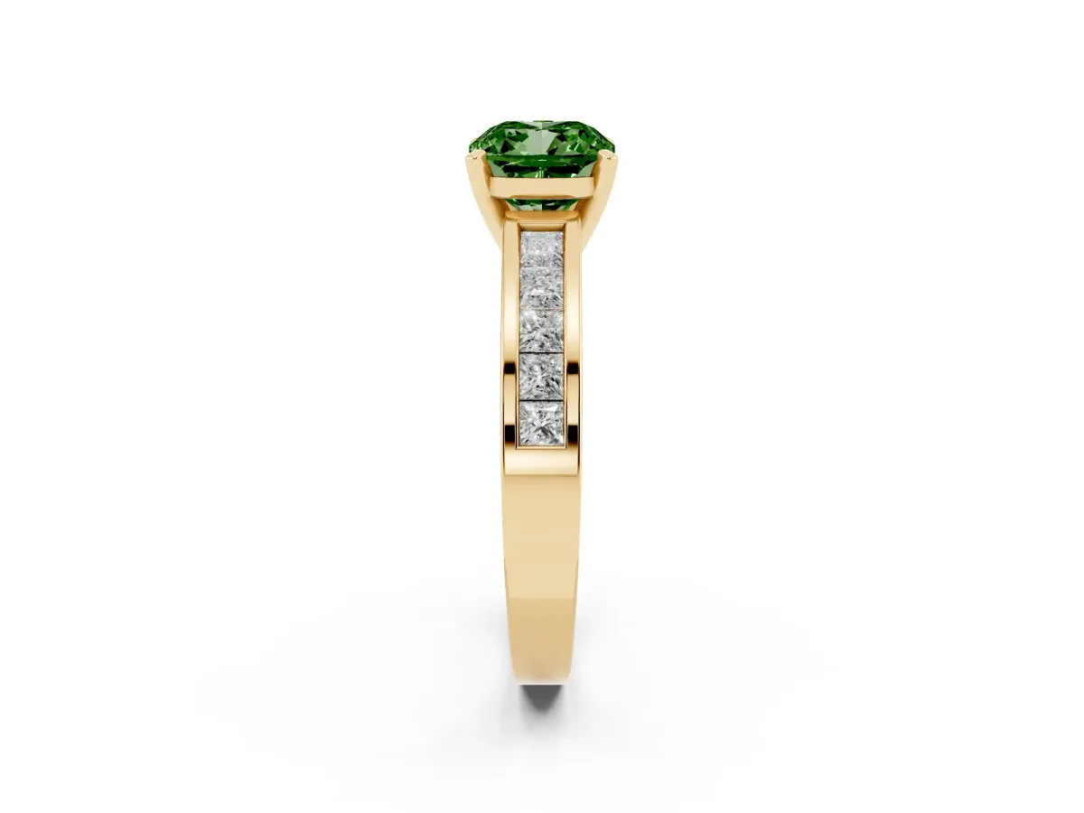 Fancy Green Cushion Cut Solitaire Diamond Ring with Channel-Set Band and Four-Prong Setting Yellow gold