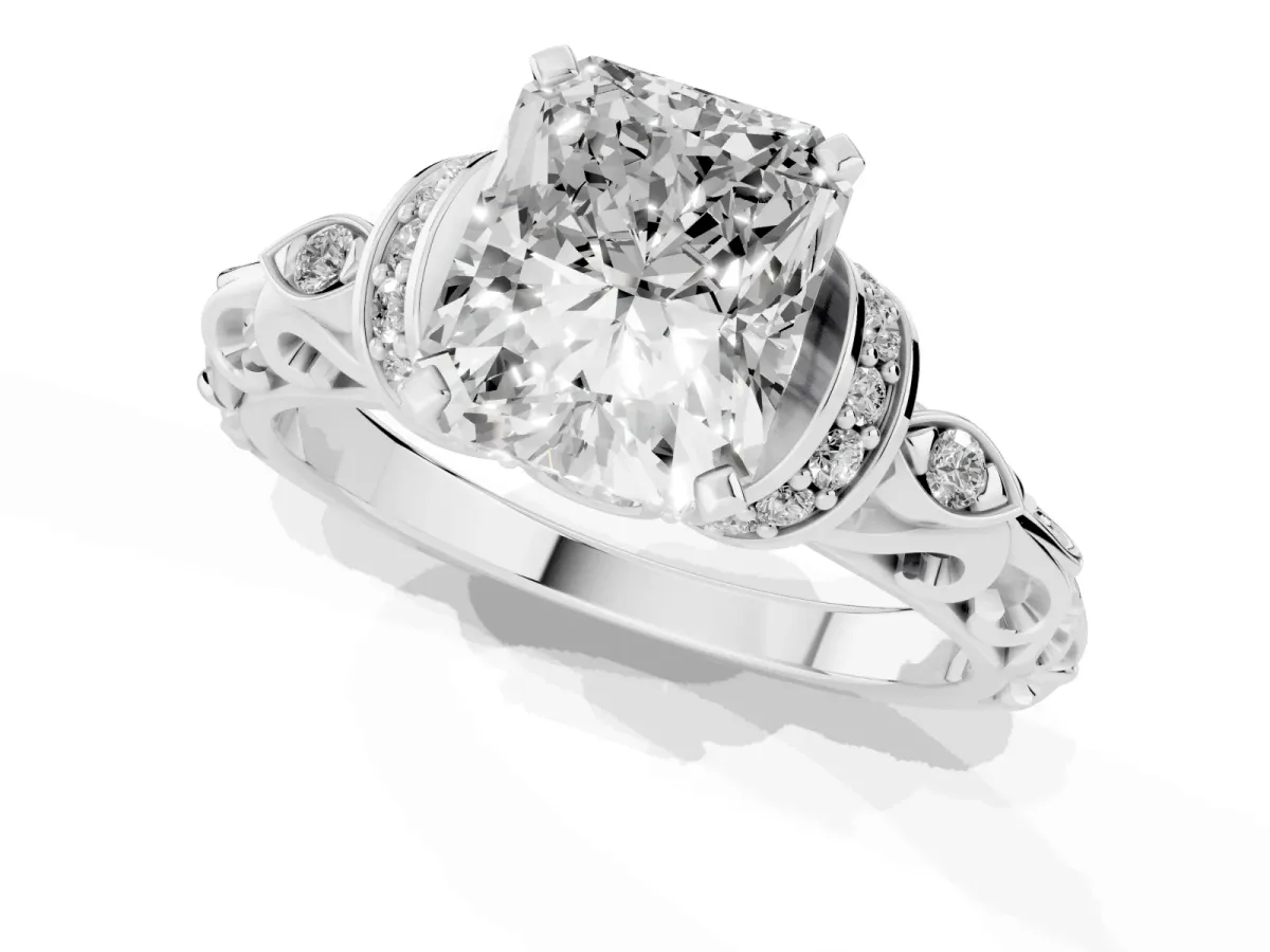 Radiant Cut Diamond Solitaire Ring with Filigree Band and Four-Prong Setting Silver