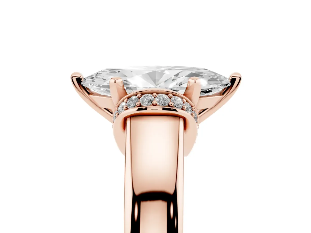 Marquise Cut Solitaire Diamond Ring with Pave Band and Six-Prong Setting Rose gold