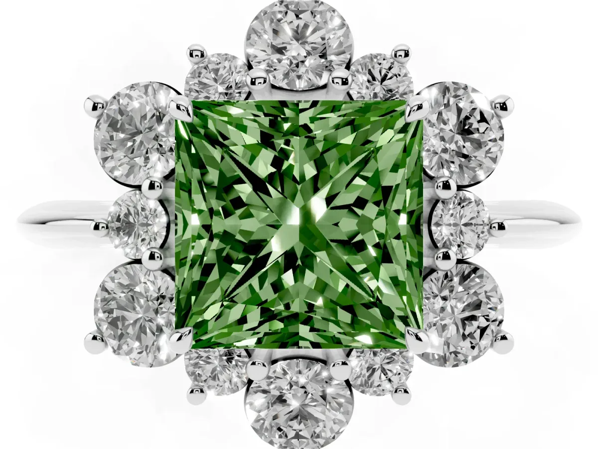 Fancy Green Princess Cut Diamond Cluster Halo Ring with Solitaire Band and Four-Prong Setting Platinum