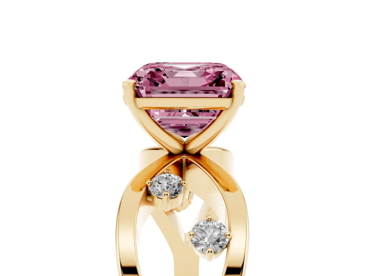 Fancy Pink Asscher Cut Cut Solitaire Diamond with Side Stones on Criss-Cross Band and Four-Prong Setting Yellow gold