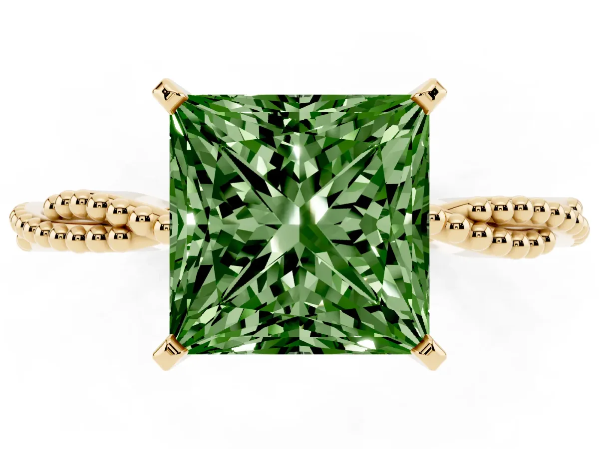 Fancy Green Princess Cut Solitaire Twisted Band with Bead Prong Setting Yellow gold