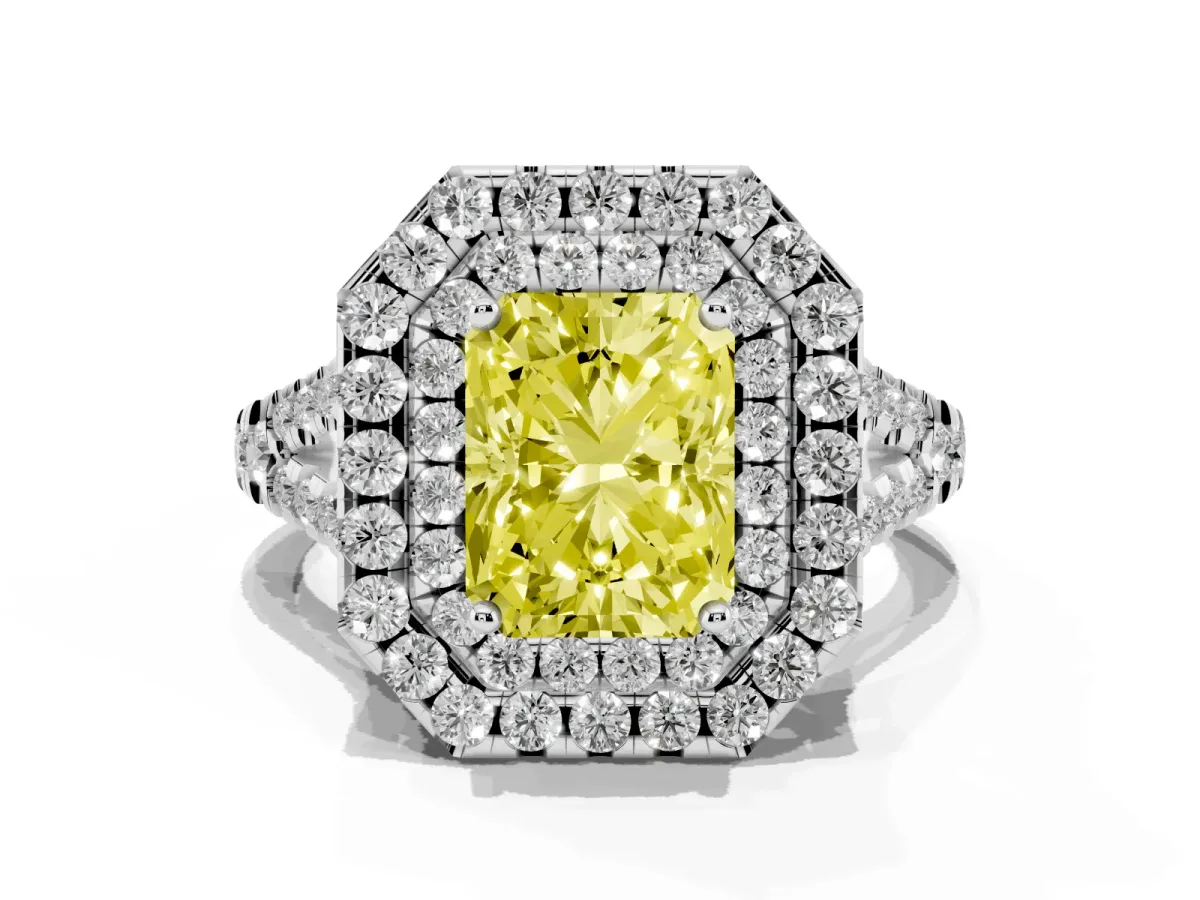 Fancy Yellow Double Halo Radiant Cut Diamond Pavé Split Shank Ring with Prong Setting Silver