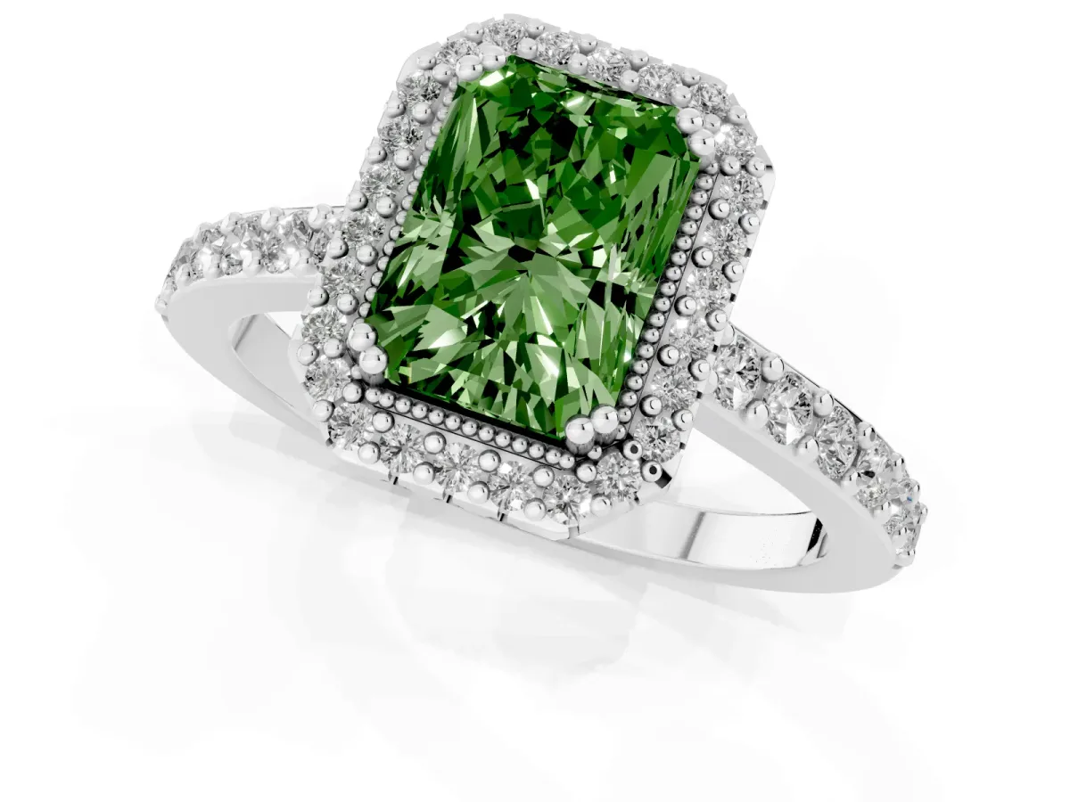Fancy Green Radiant Cut Cut Diamond Halo Engagement Ring with Milgrain Detail and Pavé Band Silver