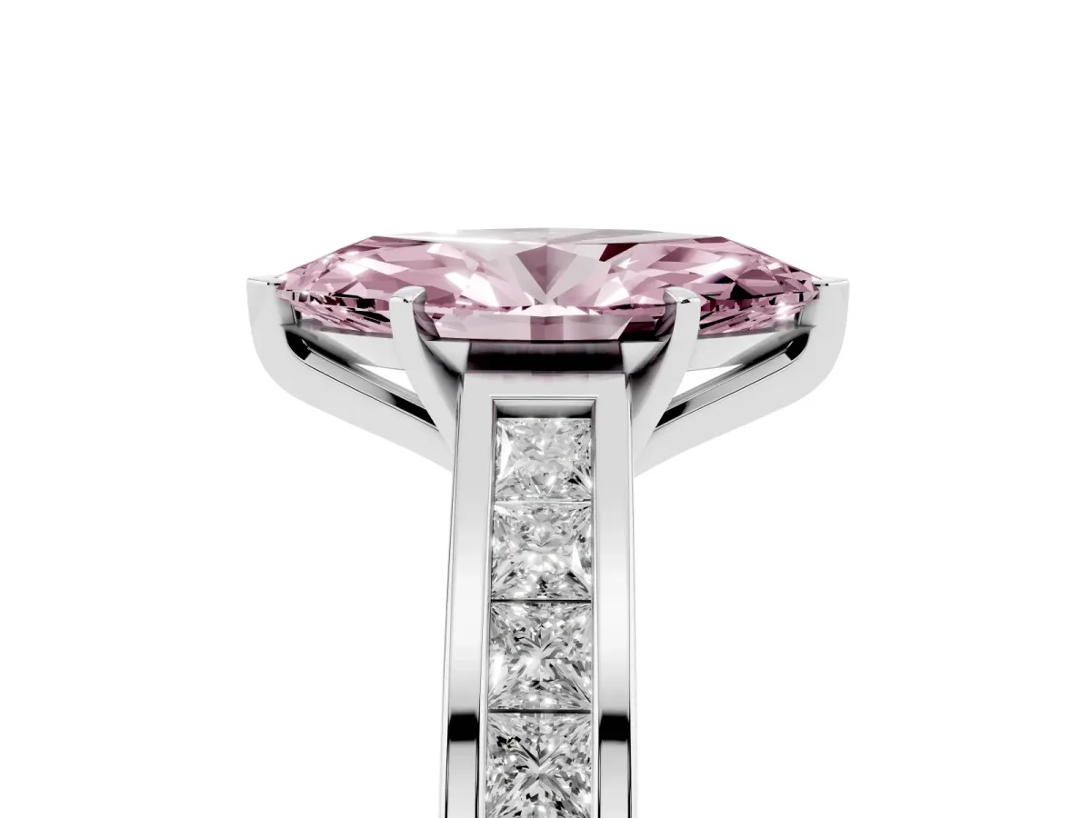 Fancy Pink Marquise Cut Solitaire Diamond Ring with Channel-Set Band and Four-Prong Setting White gold