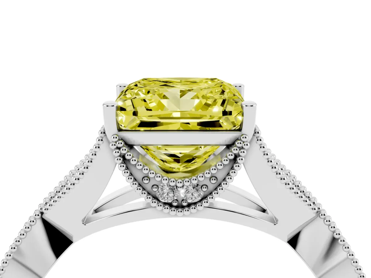 Fancy Yellow Princess Cut Cut Diamond Twisted Band with Milgrain Pave Setting and Four-Prong Setting Silver