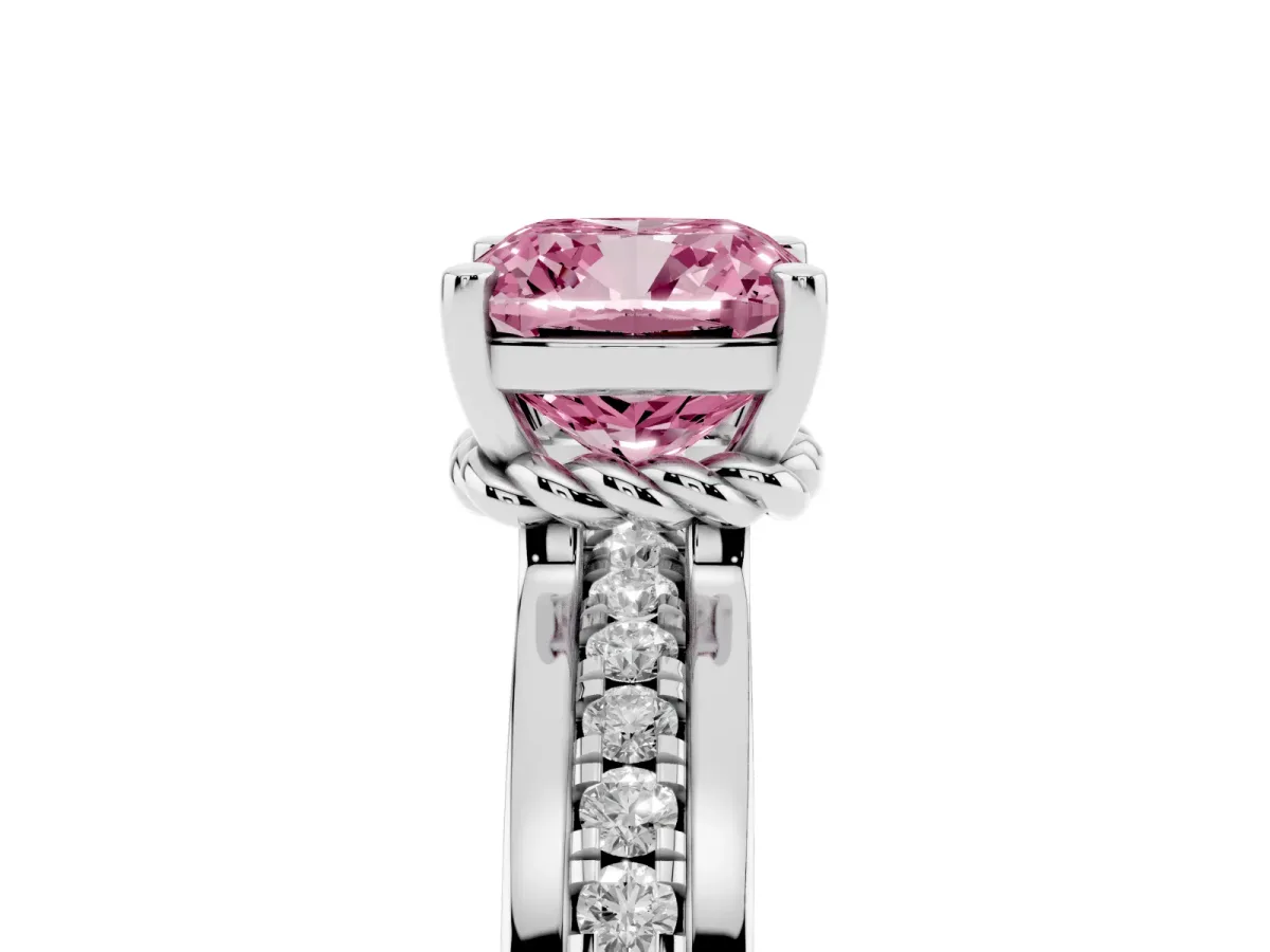 Fancy Pink Cushion Cut Solitaire Diamond Ring with Channel Set Band and Six-Prong Setting White gold