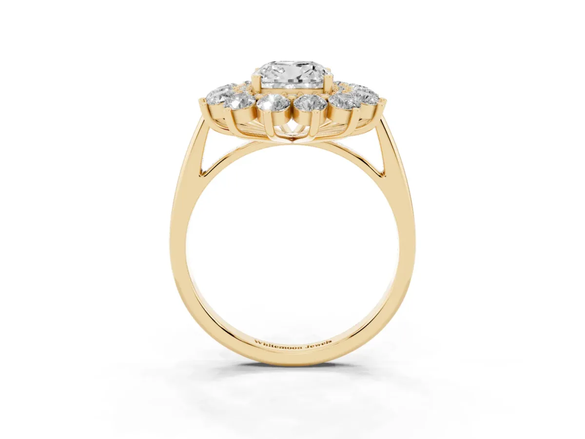 Cushion Cut Diamond Floral Double Halo Engagement Ring with Prong Setting Yellow gold