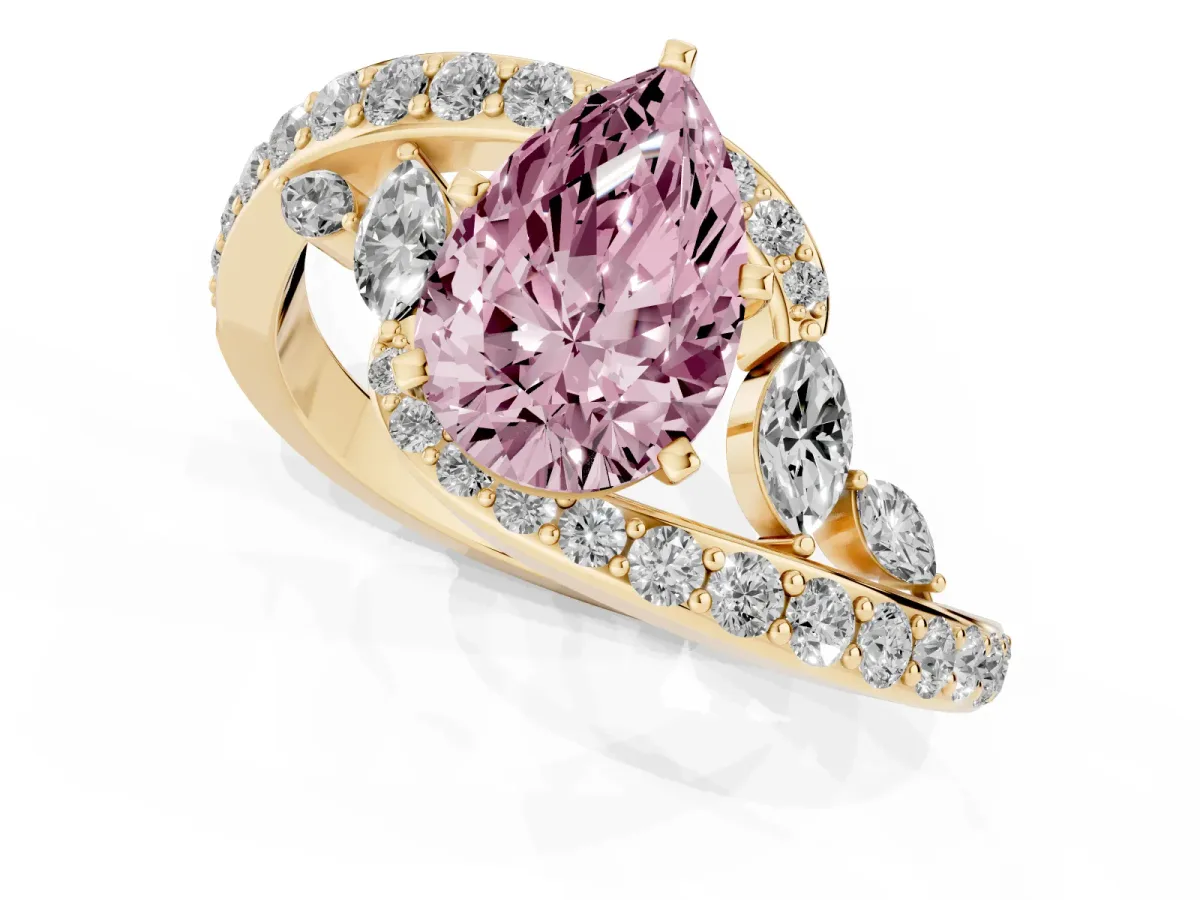 Fancy Pink Pear Cut Solitaire with Pavé Twist Band and Four-Prong Setting Yellow gold