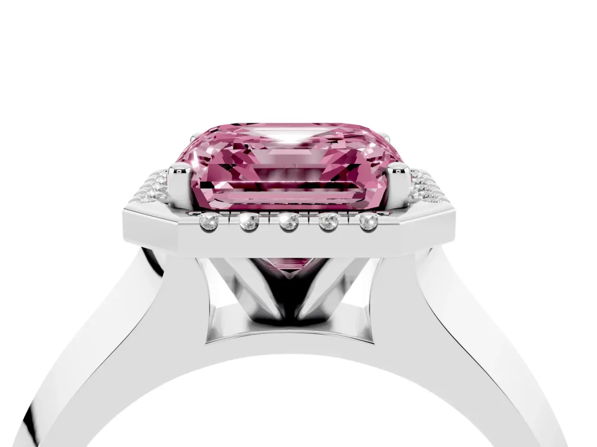 Fancy Pink Asscher Cut Halo Diamond Ring with Cathedral Band and Four-Prong Setting White gold