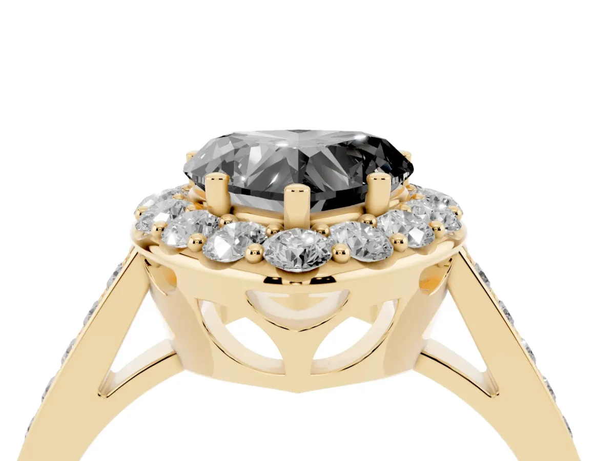 Fancy Black Heart Cut Diamond Floral Halo Ring with Pavé Band and Prong Setting Yellow gold