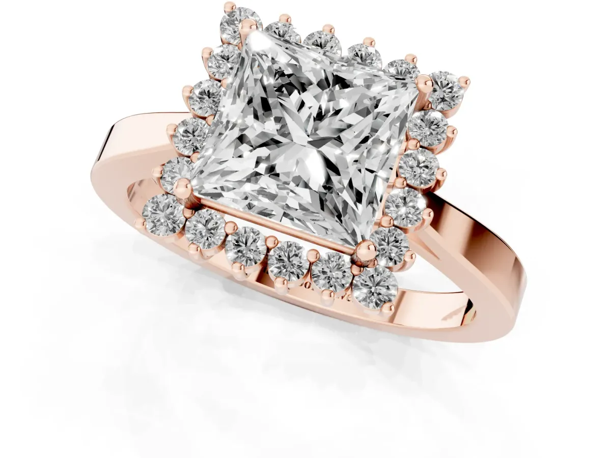 Princess Cut Cut Diamond Halo Ring with Round Brilliant Halo and Solitaire Band Rose gold