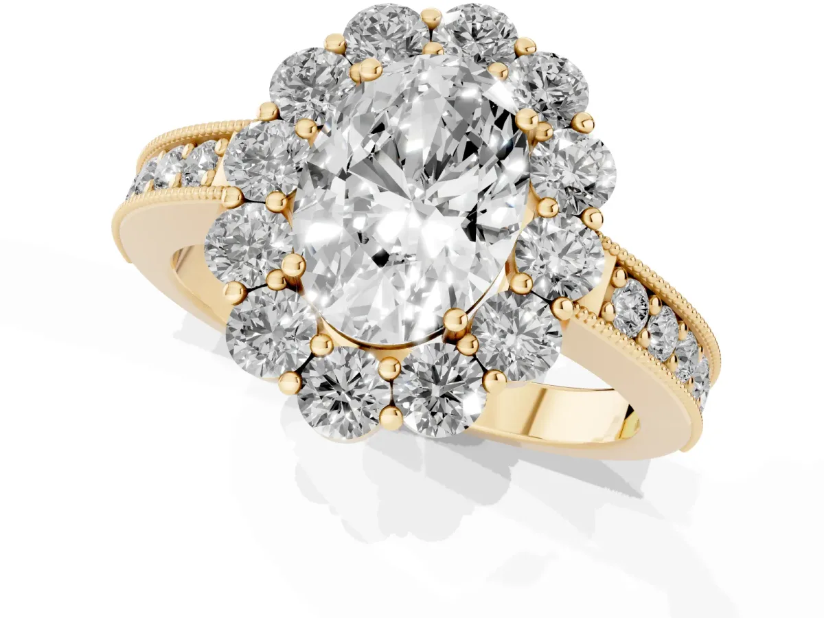 Oval Cut Cut Halo Diamond Pavé Engagement Ring with Milgrain Detailing Yellow gold