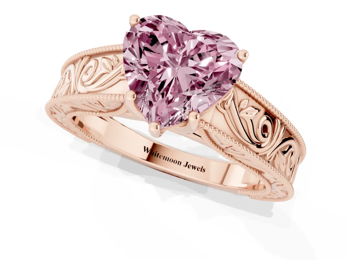Fancy Pink Heart Cut Diamond Solitaire Ring with Engraved Band and Four-Prong Setting Rose gold
