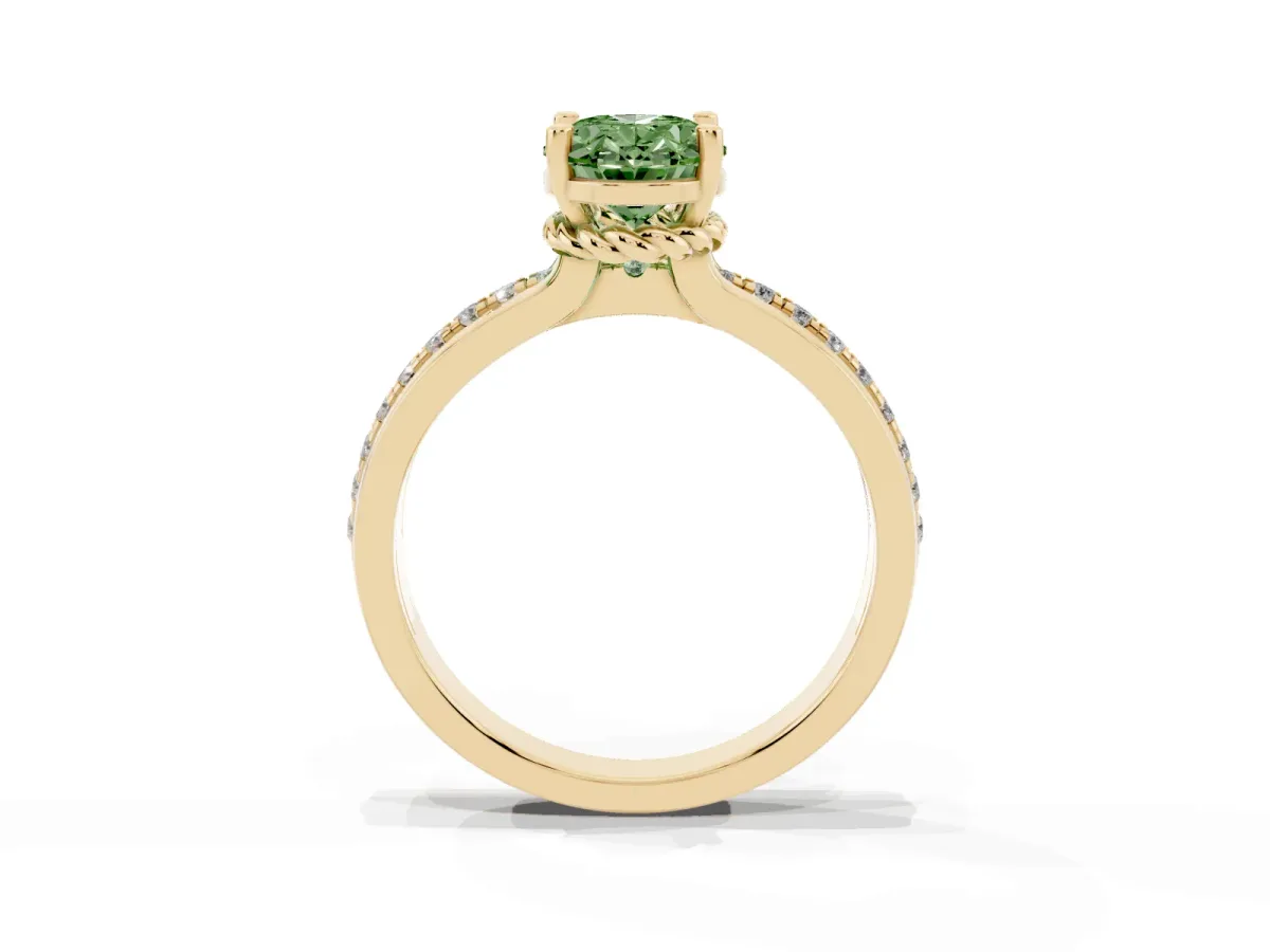 Fancy Green Oval Cut Solitaire Diamond Ring with Channel Set Band and Six-Prong Setting Yellow gold