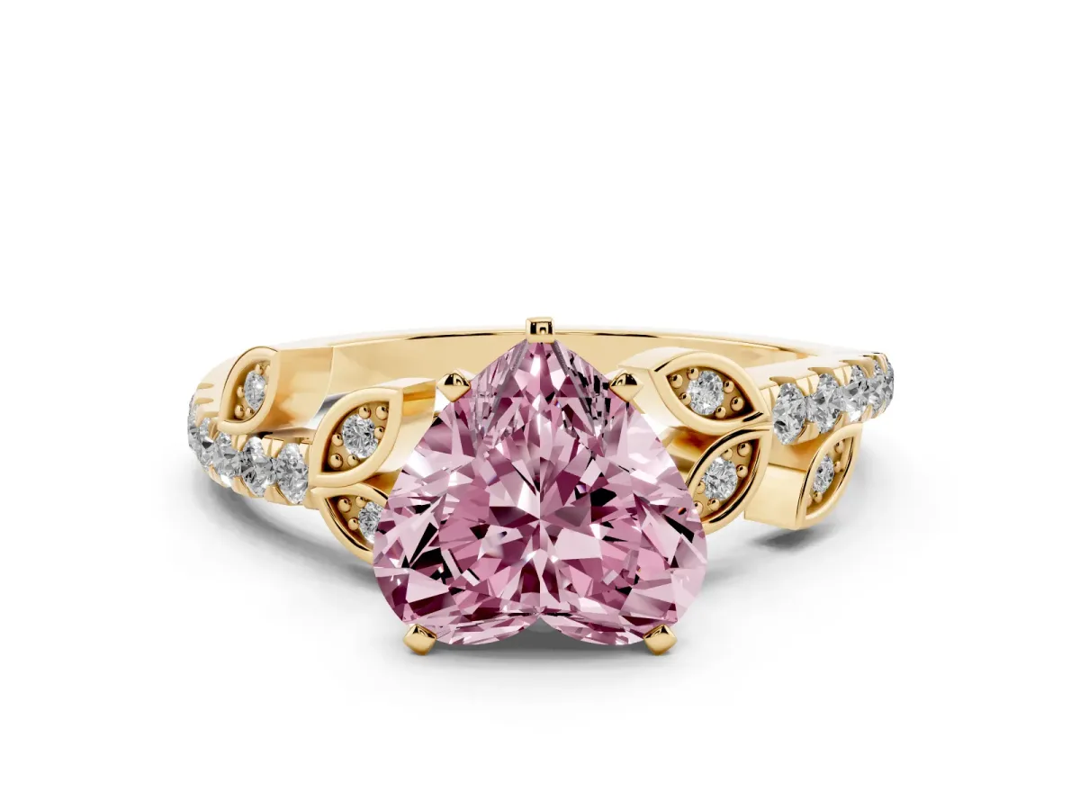 Fancy Pink Heart Cut Solitaire Leaf-Inspired Diamond Ring with Pavé Band and Four-Prong Setting Yellow gold