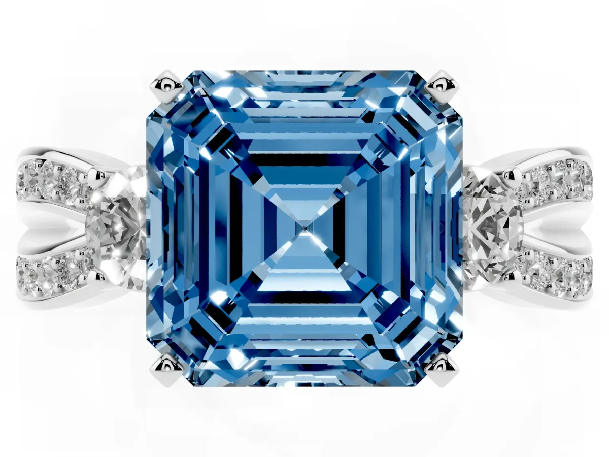 Fancy Blue Three-Stone Asscher Cut Cut Diamond Twist Band with Prong Setting Platinum