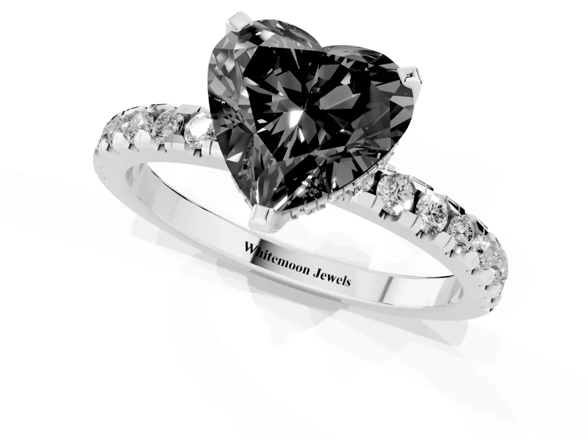 Fancy Black Heart Cut Diamond Solitaire Ring with Round Pavé Band and Four-Prong Setting Silver