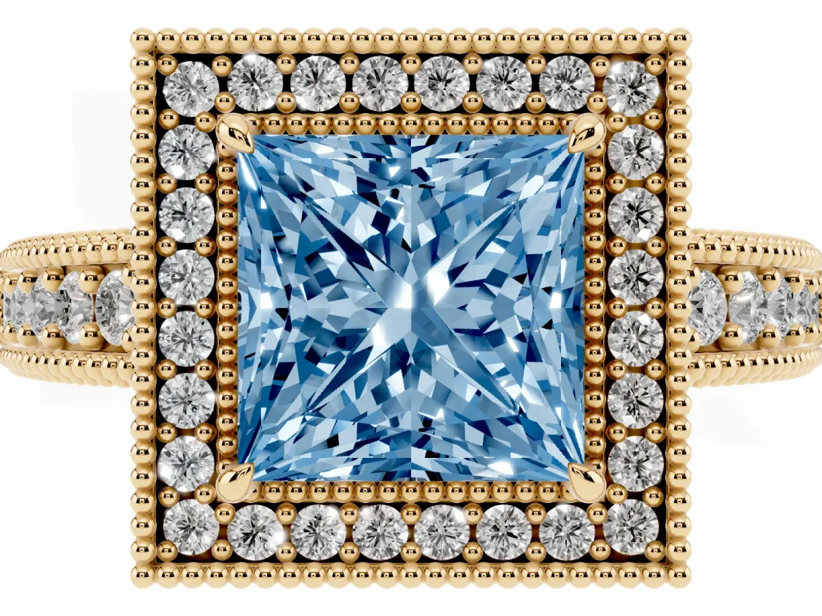 Fancy Blue Princess Cut Cut Halo Diamond Ring with Pavé Band and Four-Prong Setting Yellow gold