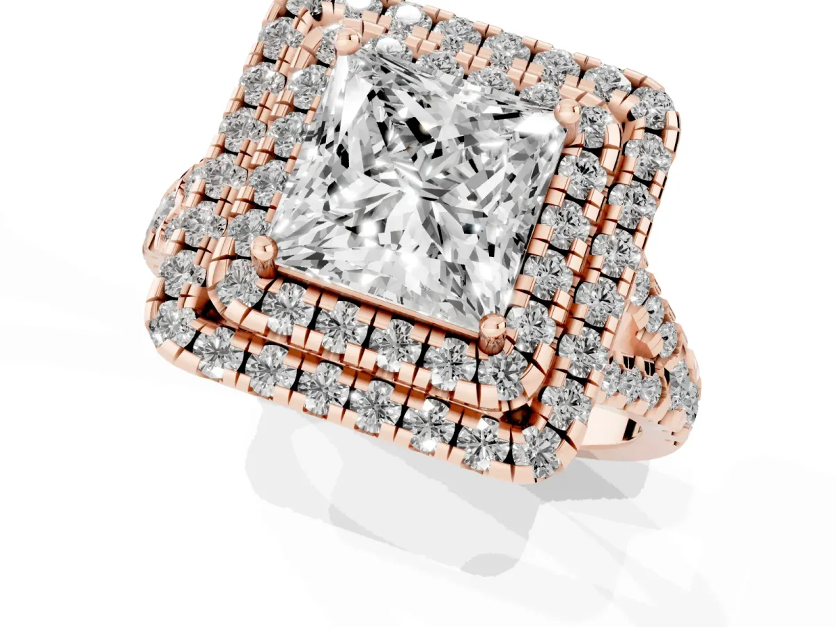 Double Halo Princess Cut Diamond Pavé Split Shank Ring with Prong Setting Rose gold