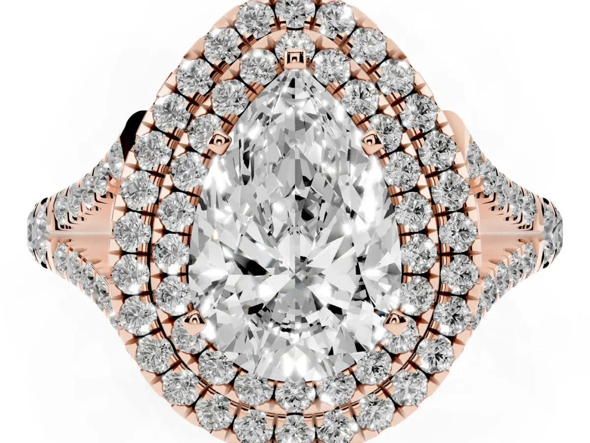 Double Halo Pear Cut Diamond Split Shank Engagement Ring with Four-Prong Setting Rose gold
