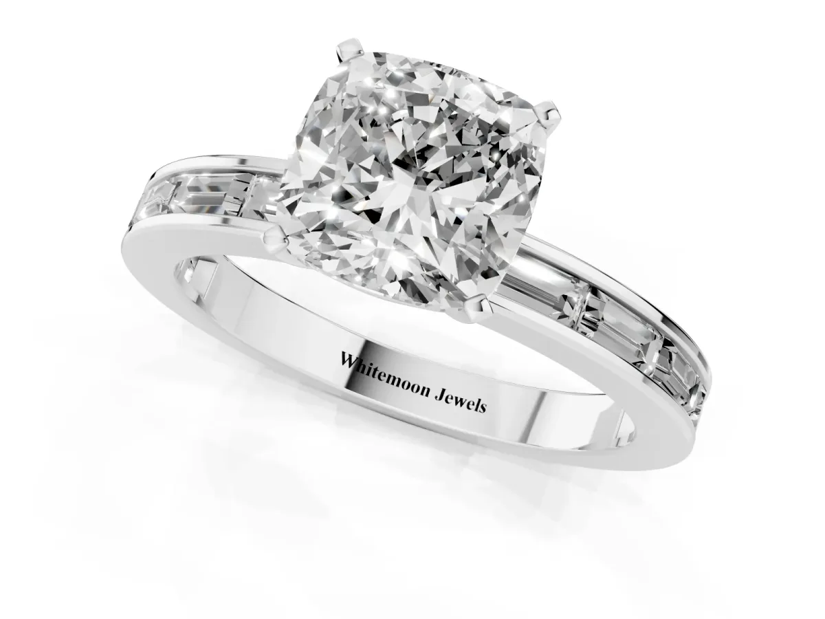 Cushion Cut Solitaire Diamond Ring with Channel-Set Baguette Band and Four-Prong Setting Platinum