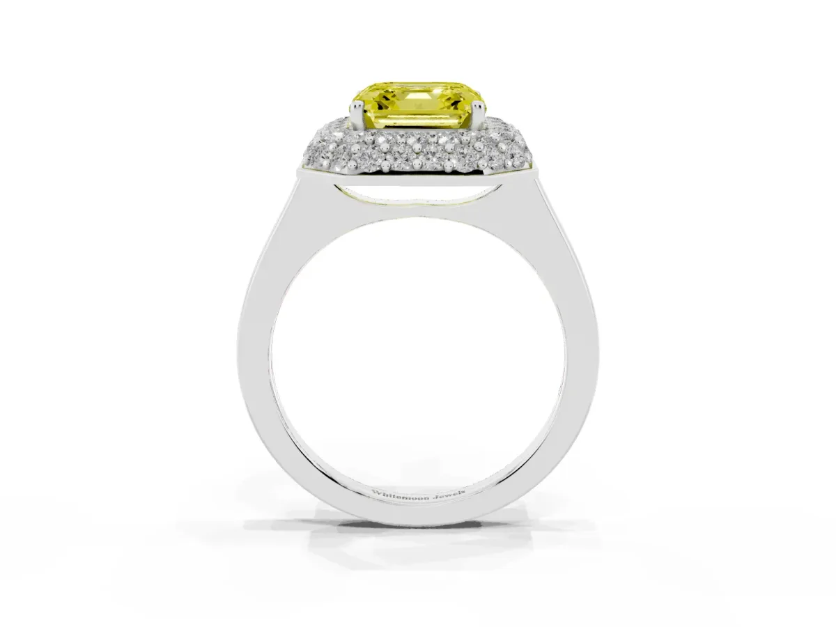 Fancy Yellow Asscher Cut Halo Diamond Engagement Ring with Solitaire Band and Four-Prong Setting Silver