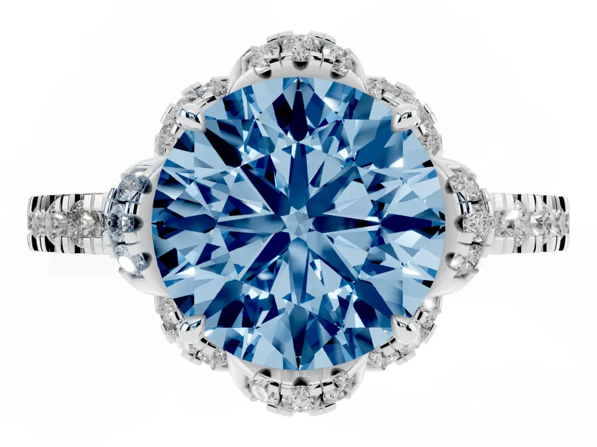 Fancy Blue Round Cut Halo Diamond Pave Band Ring with Four-Prong Setting Silver