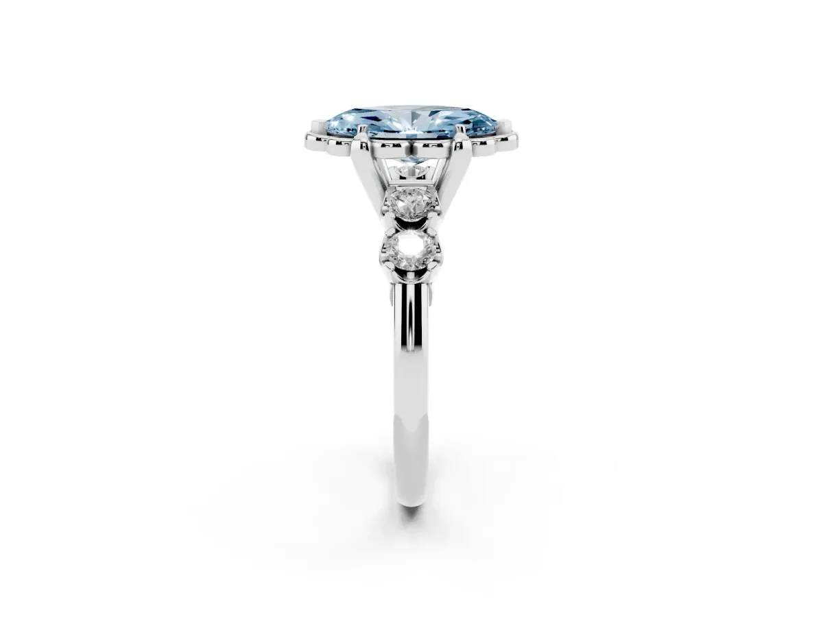 Fancy Blue Marquise Cut Cut Diamond Floral Halo Engagement Ring with Shared Prong Setting Silver