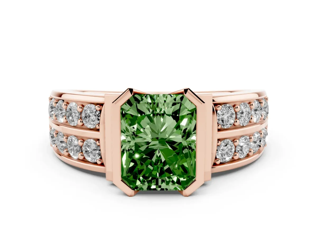 Fancy Green Radiant Cut Brilliant Diamond Channel Set Wide Band Ring with Bezel Setting Rose gold