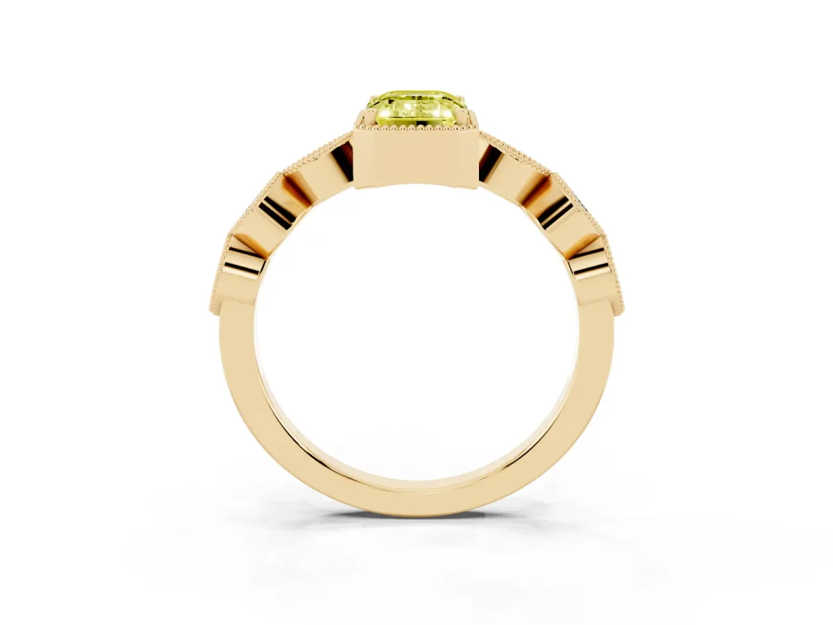 Fancy Yellow Emerald Cut Diamond Vintage Milgrain Ring with Round Stations Yellow gold