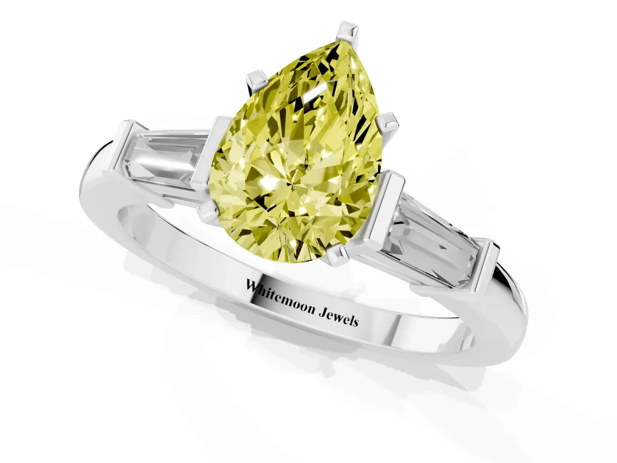 Fancy Yellow Pear Cut Cut Diamond Solitaire Ring with Tapered Baguette Accents and Four-Prong Setting Silver