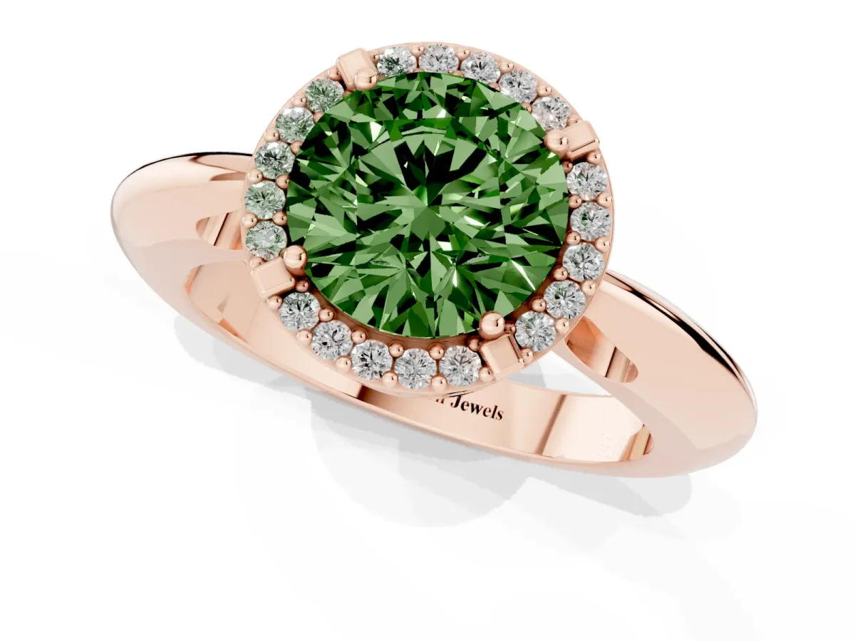 Fancy Green Round Cut Cut Diamond Halo Engagement Ring with Split Shank and Four-Prong Setting Rose gold