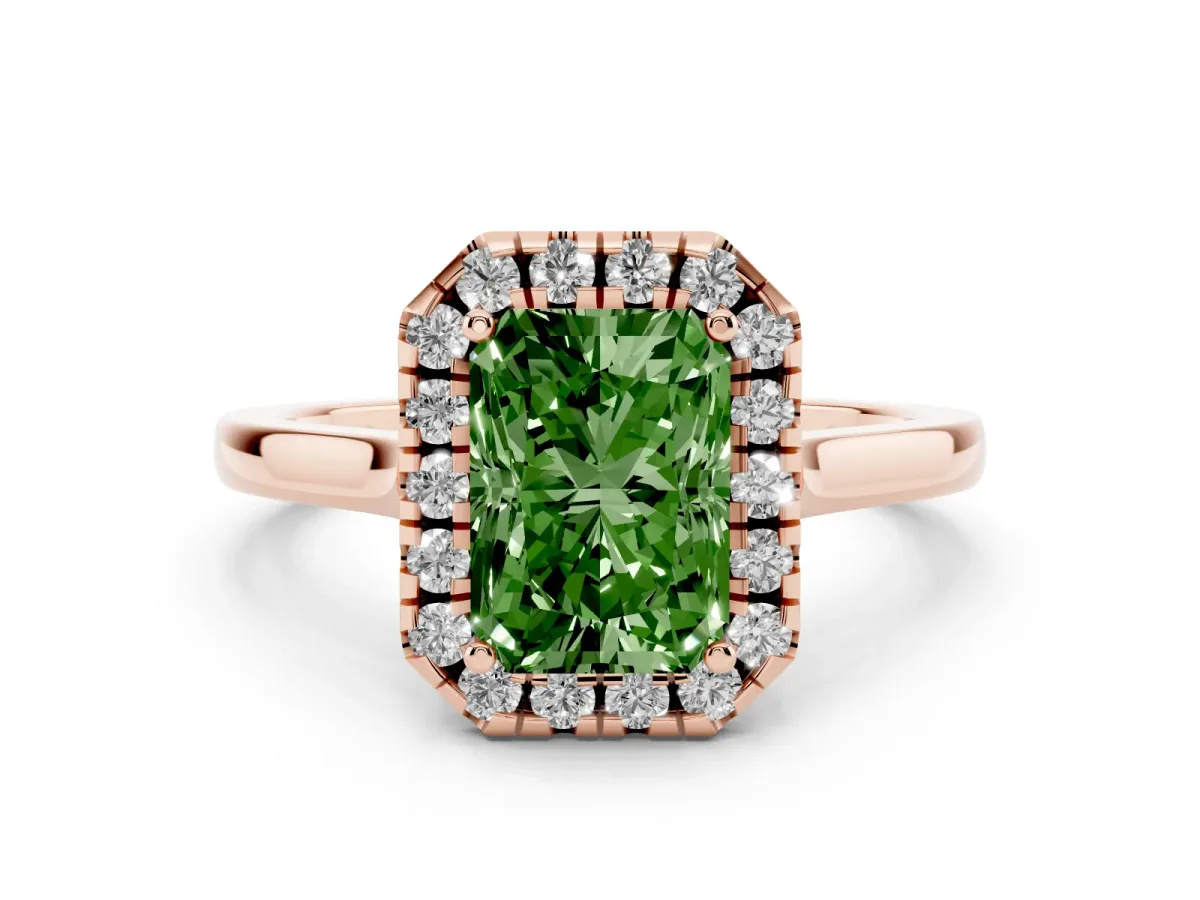 Fancy Green Radiant Cut Halo Round Diamond Solitaire Ring with Pavé Band and Four-Prong Setting Rose gold