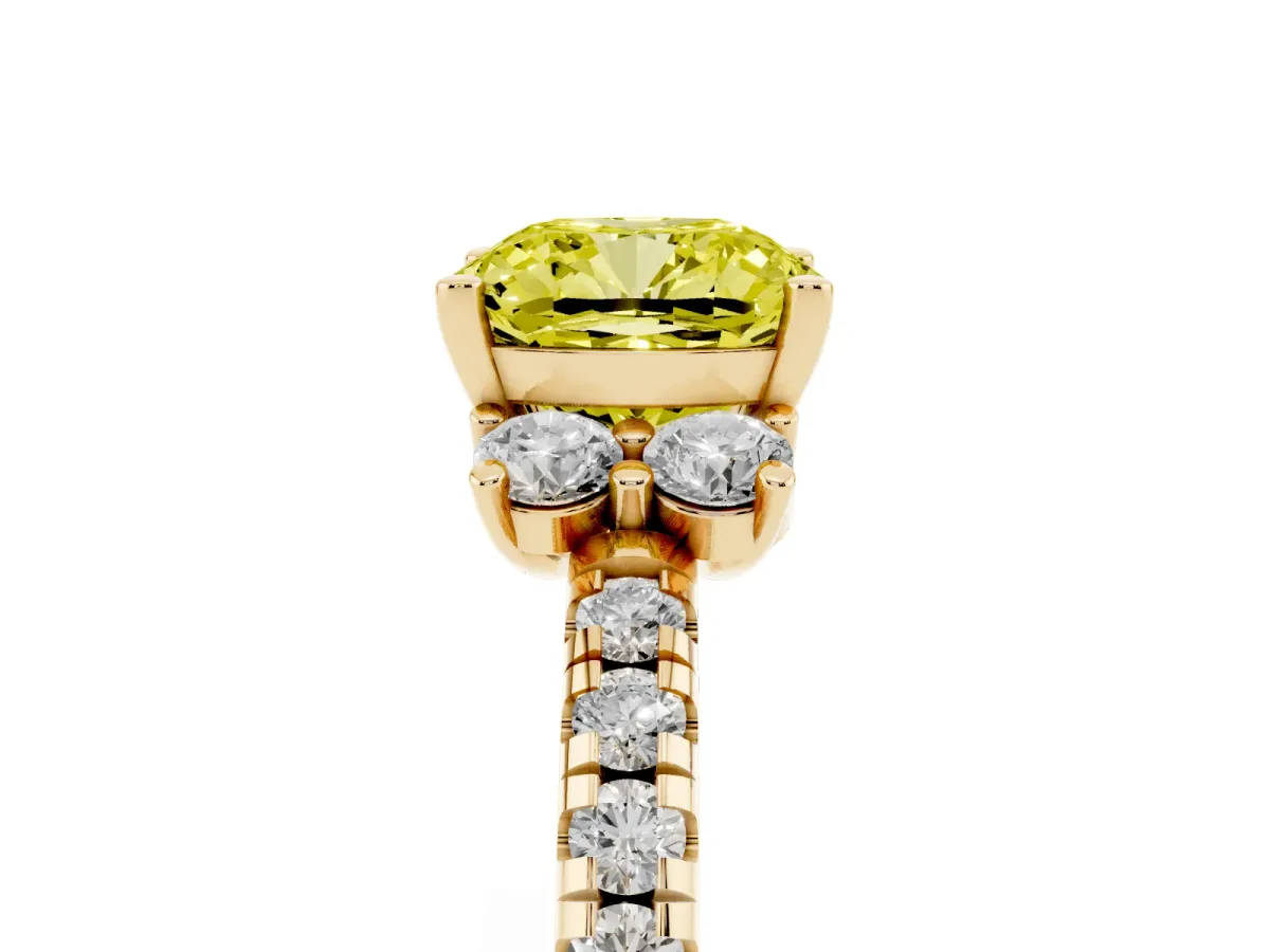 Fancy Yellow Cushion Cut Diamond Three-Stone Pave Band with Four-Prong Setting Yellow gold